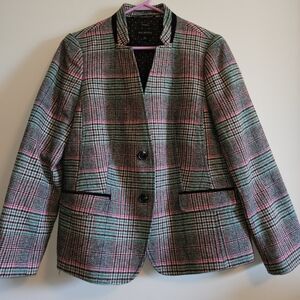 Talbots Alberdeen Blazer Size 14 Vivid Plaid Green Pink Black Womens